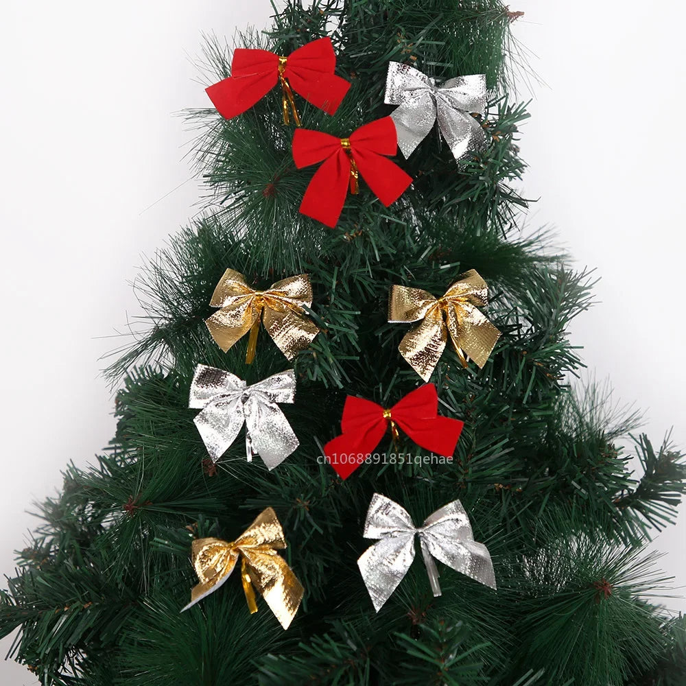 36/12PCS Mini Christmas Bow Red Glitter Ribbons Bow Xmas Tree Hanging Pendant Ornament 2024 Navidad New Year Party DIY Gifts