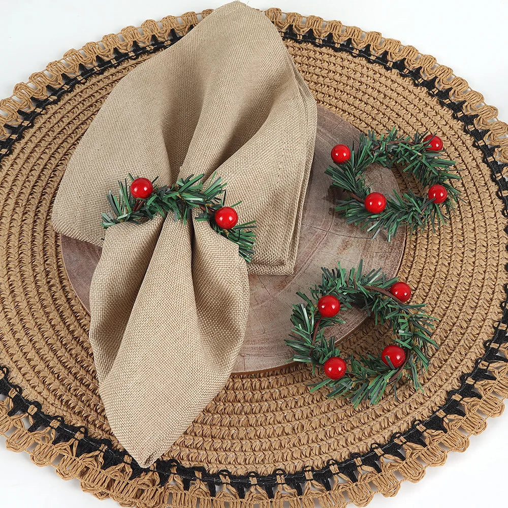 Merry Christmas Red Berry Pine Needle Wreath Design Napkin Ring Christmas Table Decorations For 2024 Xmas Navidad Party Supplies