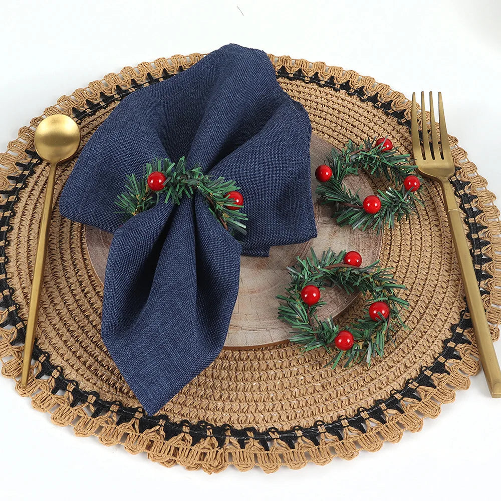 Merry Christmas Red Berry Pine Needle Wreath Design Napkin Ring Christmas Table Decorations For 2024 Xmas Navidad Party Supplies