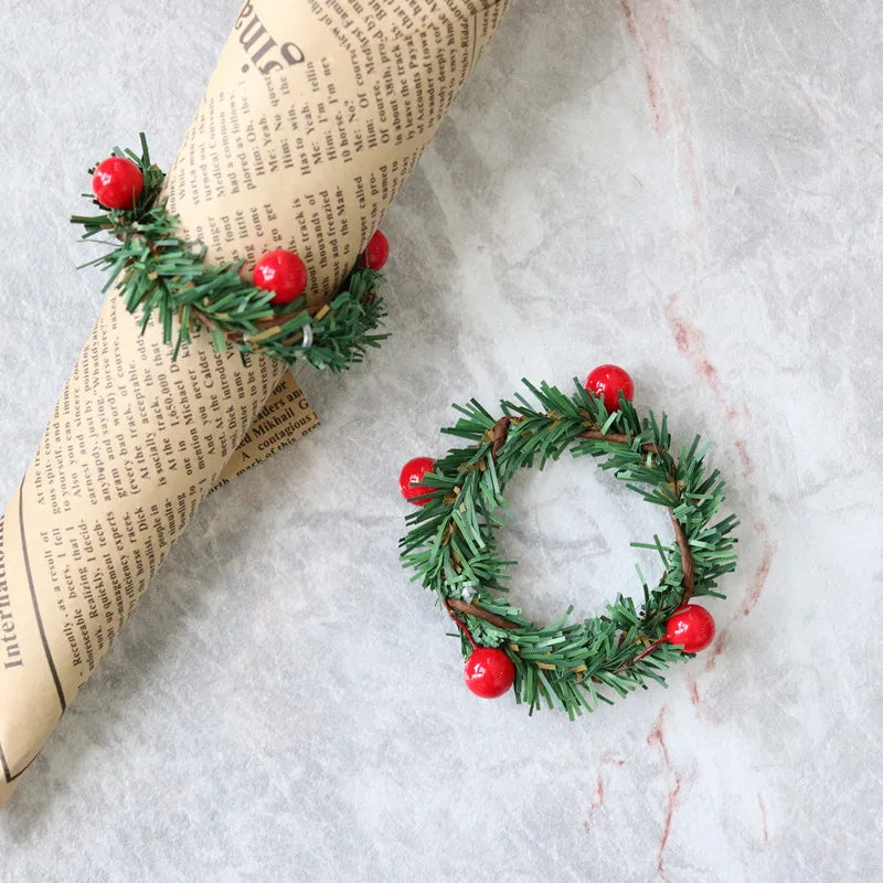 Merry Christmas Red Berry Pine Needle Wreath Design Napkin Ring Christmas Table Decorations For 2024 Xmas Navidad Party Supplies