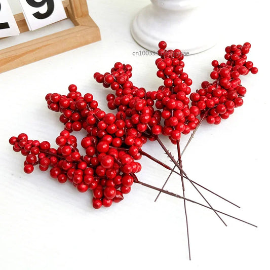 Artificial Berries Christmas Decoration Red Berry Branches for Xmas Tree Party Home Table Ornaments Red Fruit Wreath DIY Gift