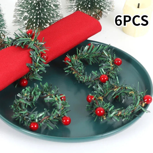 Merry Christmas Red Berry Pine Needle Wreath Design Napkin Ring Christmas Table Decorations For 2024 Xmas Navidad Party Supplies